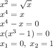 x^2=\sqrt x\\x^4=x\\x^4-x=0\\x(x^3-1)=0\\x_1=0,\;x_2=1