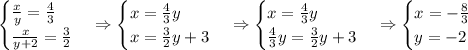 \begin{cases}\frac xy=\frac43\\\frac{x}{y+2}=\frac32\end{cases}\Rightarrow\begin{cases}x=\frac43y\\x=\frac32y+3\end{cases}\Rightarrow\begin{cases}x=\frac43y\\\frac43y=\frac32y+3\end{cases}\Rightarrow\begin{cases}x=-\frac83\\y=-2\end{cases}