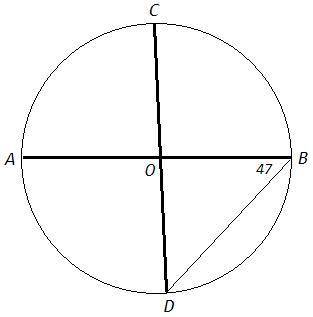 Отрезки ab и cd - диаметры окружности с центром o. угол abd равен 47 градусов. найдите угол aoc. отв