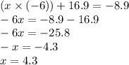 (x \times ( - 6)) + 16 .9 = - 8.9 \\ - 6x = - 8.9 - 16.9 \\ - 6x = -25.8 \\ - x =- 4.3 \\ x = 4.3