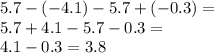 5.7 - ( - 4.1) - 5.7 + ( - 0.3) = \\ 5.7 + 4.1 - 5.7 - 0.3 = \\ 4.1 - 0.3 = 3.8