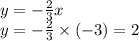 y = - \frac{2}{3} x \\ y = - \frac{2}{3} \times ( - 3) = 2