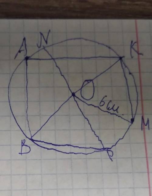 Начертите окружность радиусом 6 см. отметьте на окружности т. a, b, k, p, m, n, o так, чтобы были: