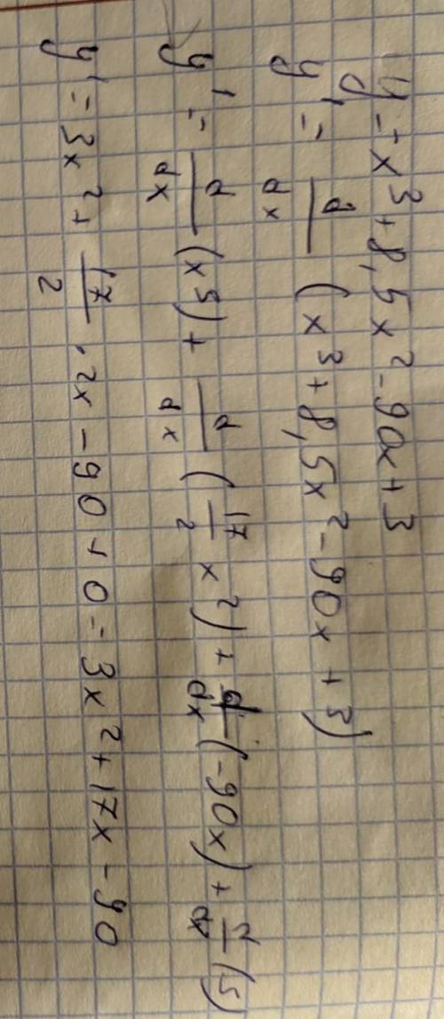 Найдите производную функции y = x^3 + 8,5x^2 - 90x +3