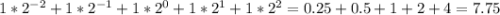 1 * 2^{-2} + 1 * 2^{-1} + 1 * 2^{0} + 1 * 2^{1} + 1 * 2^{2} = 0.25 + 0.5 + 1 + 2 + 4 = 7.75