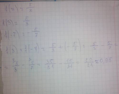 Функция задана формулой f(x)=5/x. вычисли f(3)+f(-7)(при необходимости округли ответ до сотых).решит