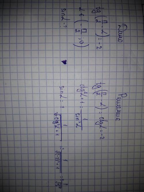 Известно, что tg(π/2-α)=-2,α∈(-π/2; 0). найдите sinα.