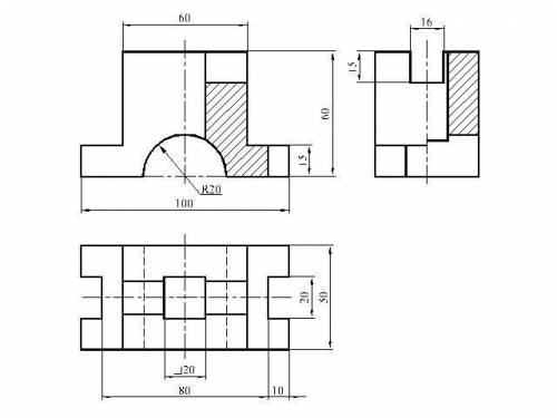 Построить 3 проекцию и фронтальный и профильный разрез