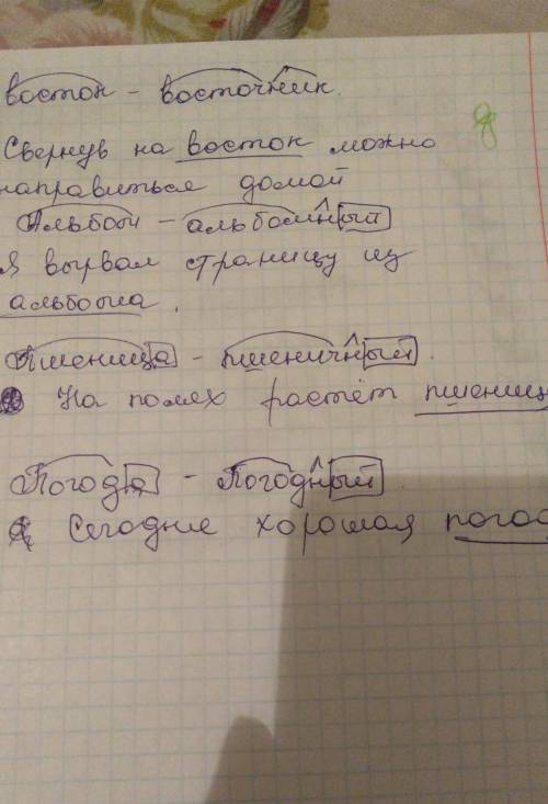 Восток, альбом, пшеница, погода.1. подобрать однокоренные слова к данным словам. 2. выделить в слова