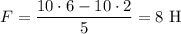 F = \dfrac{10 \cdot 6 - 10 \cdot 2}{5} = 8 \ \text{H}