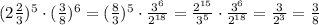 (2\frac{2}{3})^5\cdot (\frac{3}{8})^6=(\frac{8}{3})^5\cdot \frac{3^6}{2^{18}}=\frac{2^{15}}{3^5}\cdot \frac{3^6}{2^{18}}=\frac{3}{2^3}=\frac{3}{8}