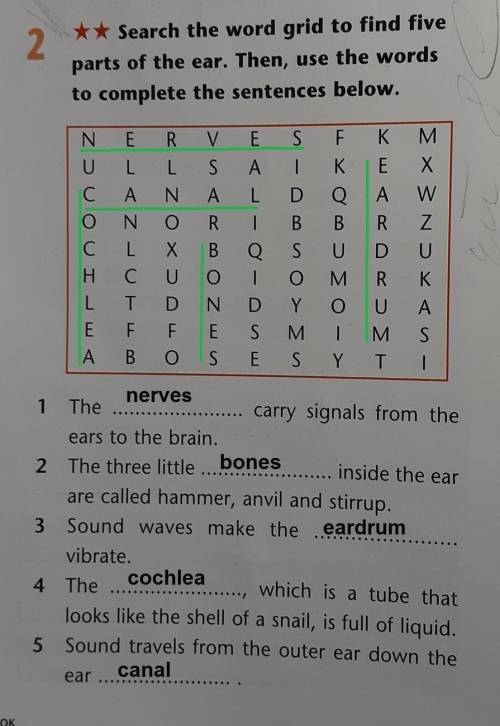 Search the word grid to find five parts of the ear. then, use the words to complete the sentences be