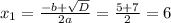 x_{1}=\frac{-b+\sqrt{D}}{2a}=\frac{5+7}{2}=6