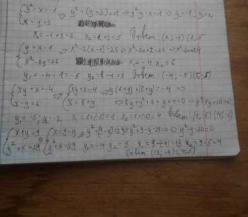 А) y^2-x=-1 x=y+3 б) y=x-1 x^2 -2y=26 в)xy+x=-4 x-y=6 г) x+y=9 y^2+x=29 решите систему