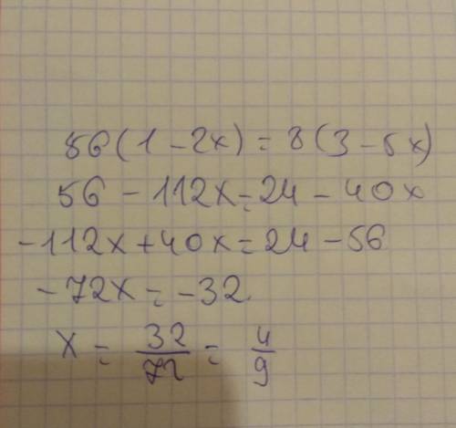 Найдите корень уравнения 56(1-2x)=8(3-5x)