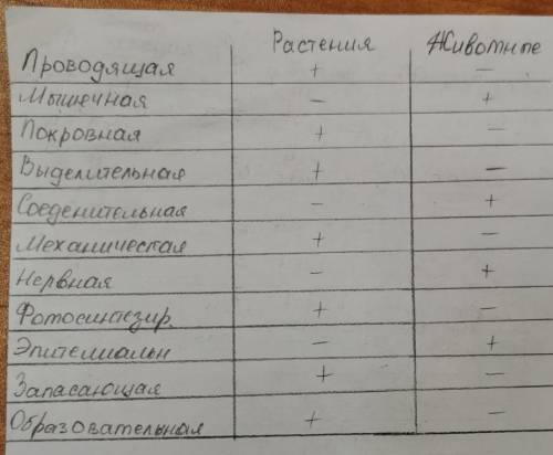 3. заполните таблицу, отмечая лини, отмечая наличие ткани знаком «+», отсутствие - знаком «-». вид т