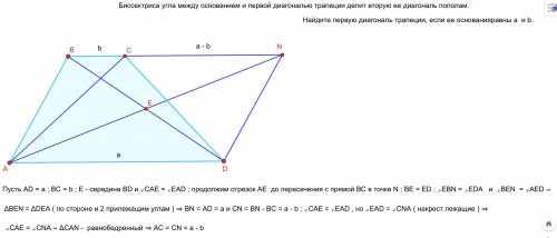 Биссектриса угла между основанием и первой диагональю трапеции делит вторую ее диагональ пополам. на
