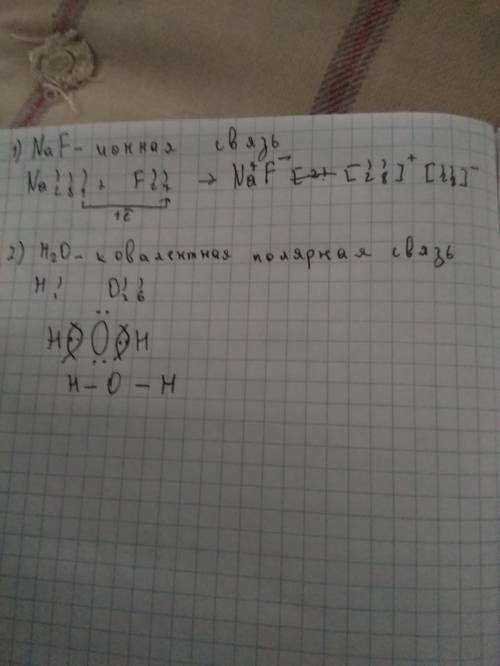 Складіть схему утворення молекули: naf,h2o. укажіть вид хімічного зв'язку. які електрони беруть учас
