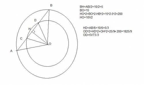 Даны две концентрические линии окружности.радиус самой длинной линии окружности 15 см,в ней проведен