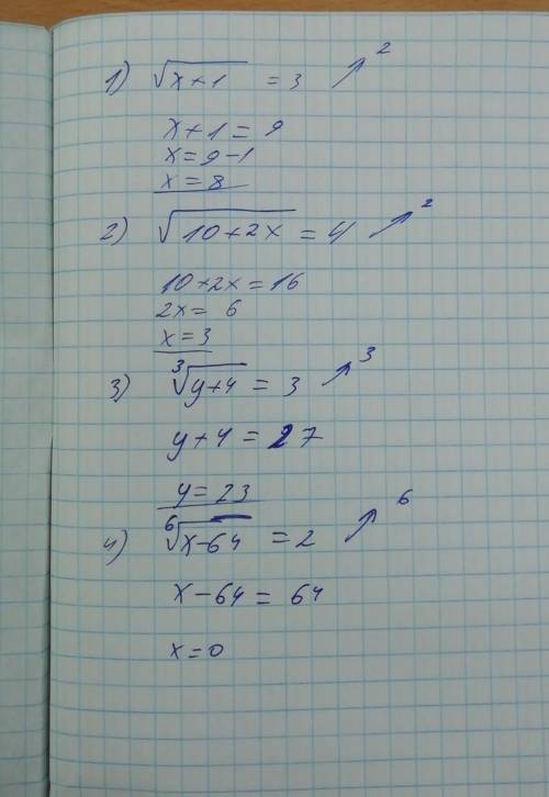 Решить уравнение 1) корень x+1=3 2)корень 10+2x=4 3)3 степень корень у+4=3 4) 6 степень корень x-64=