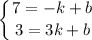 \displaystyle \left \{ {{7=-k+b} \atop {3=3k+b}} \right.