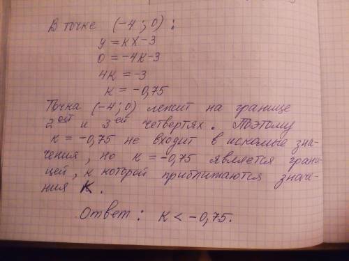 При каких значениях параметра k точка пересечения графиков функций y = kx - 3 и y = x + 4 расположен