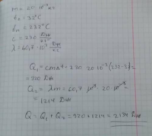 Какое количество теплоты понадобится, чтобы расплавитьолово массой 20 г, взятое при температуре 32 °