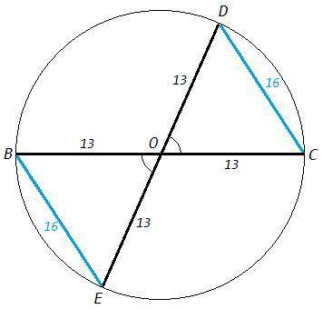 Bc и de - диаметры окружности с центром в точки о. найти : p : cod ; bc = 26 см, be =16если можно пр