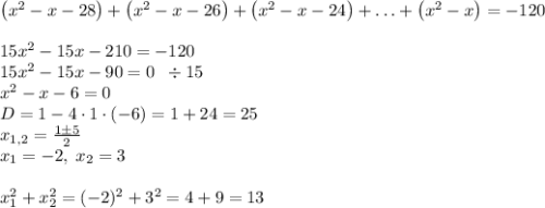 \left(x^2-x-28\right)+\left(x^2-x-26\right)+\left(x^2-x-24\right)+\ldots+\left(x^2-x\right)=-120\\\\15x^2-15x-210=-120\\15x^2-15x-90=0\;\;\div15\\x^2-x-6=0\\D=1-4\cdot1\cdot(-6)=1+24=25\\x_{1,2}=\frac{1\pm5}2\\x_1=-2,\;x_2=3\\\\x_1^2+x_2^2=(-2)^2+3^2=4+9=13