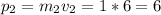 \displaystyle p_2=m_2v_2=1*6=6