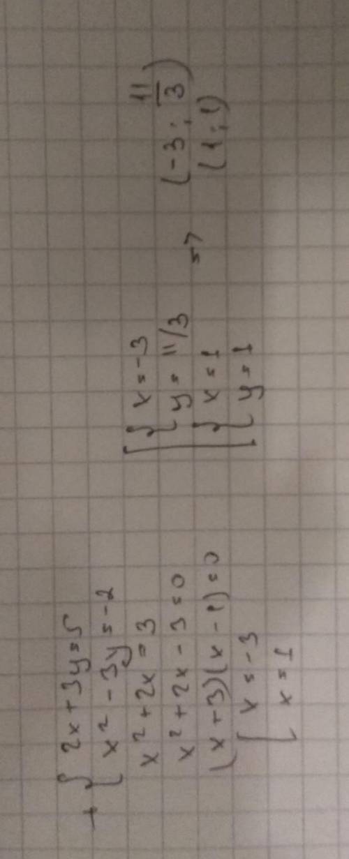 Решите систему уравнений 2x+3y=5 x²-3y= -2