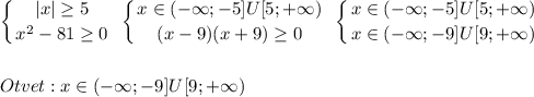 \displaystyle\\\left \{ {{|x|\geq 5} \atop {x^2-81\geq 0}} \right.\ \left \{ {{x\in(-\infty;-5]U{[5;+\infty)} \atop {(x-9)(x+9)\geq 0}} \right.\ \left \{ {{x\in(-\infty;-5]U{[5;+\infty)} \atop {{x\in(-\infty;-9]U{[9;+\infty)} \right.\ \\\\\\Otvet:x\in(-\infty;-9]U{[9;+\infty)