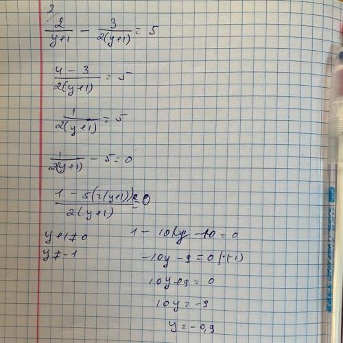  \frac{2}{y + 1} - \frac{3}{2(y + 1)} = 5