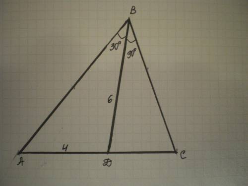 Втреугольнике abc угол b равен 60. биссектриса угла b пересекает сторону ac в точке d, ad =4 см, bd=