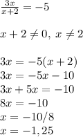 \frac{3x}{x+2}=-5\\\\x+2\neq0,\;x\neq 2\\\\3x=-5(x+2)\\3x=-5x-10\\3x+5x=-10\\8x=-10\\x=-10/8\\x=-1,25