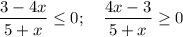 \displaystyle\\\frac{3-4x}{5+x} \leq 0;\ \ \ \frac{4x-3}{5+x}\geq 0\\\\\\