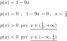 p(x)=1-9x\\\\p(x)=0\; \; ,\; \; 1-9x=0\; ,\; \; x=\frac{1}{9}\\\\p(x)0\; \; pri\; \; \underline {x\in (\frac{1}{9},+\infty )}\\\\p(x)