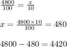 \frac{4800}{100} = \frac{x}{10} \\ \\ x = \frac{4800 \times 10}{100} = 480 \\ \\ 4800 - 480 = 4420