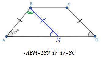 Втрапеции abcd ab=cd, ∠a=47∘. найдите угол между векторами ba−→− и cd−→−. )