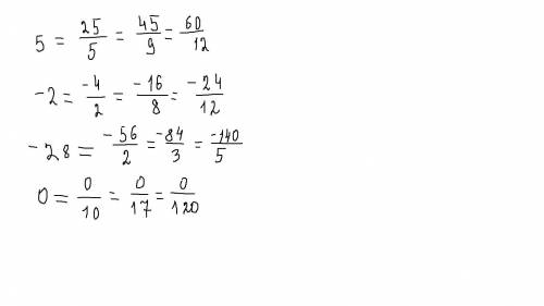 Запишите три дроби с положительным знаменателем равные числу 5,-2,-28,0 ответьте 10
