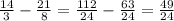 \frac{14}{3} - \frac{21}{8} = \frac{112}{24} - \frac{63}{24} = \frac{49}{24}