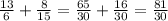 \frac{13}{6} + \frac{8}{15} = \frac{65}{30} + \frac{16}{30} = \frac{81}{30}