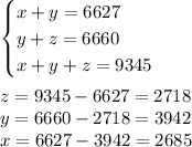 \begin{cases}x + y = 6627\\y + z = 6660\\x + y + z = 9345\\\end{cases}\\\\z = 9345 - 6627 = 2718\\y = 6660 - 2718 = 3942\\x = 6627 - 3942 = 2685