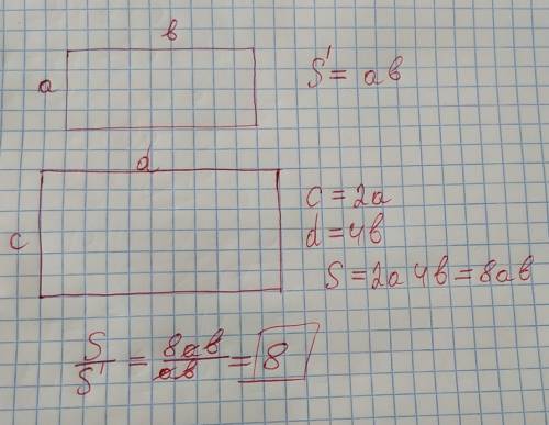 Как изменится площядь прямоугольника, если одну его сторону увеличить в 2 раза, а другую в 4 раза​