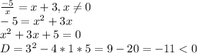 \frac{-5}{x}=x+3, x\neq 0\\-5=x^{2} +3x\\x^{2} +3x+5=0\\D=3^{2}-4*1*5=9-20=-11