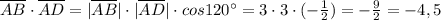 \overline {AB}\cdot \overline {AD}=|\overline {AB}|\cdot |\overline {AD}|\cdot cos120^\circ =3\cdot 3\cdot (-\frac{1}{2})=-\frac{9}{2}=-4,5