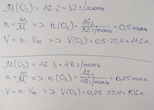 Найдите объем, который займет при н. у.: 16 г кислорода о2, 12 г озона о3