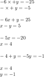 - 6 \times + y = - 25 \\ - \times + y = - 5 \\ \\ - 6x + y = 25 \\ x - y = 5 \\ \\ - 5x = - 20 \\ x = 4 \\ \\ - 4 + y = - 5y = - 1 \\ \\ x = 4 \\ y = - 1