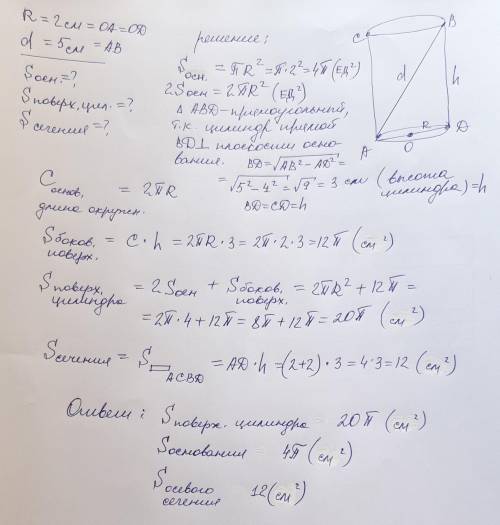 Радіус основи циліндра 2 см, а діагональ осьового перерізу дорівнює 5 см. знайдіть площу циліндра, п