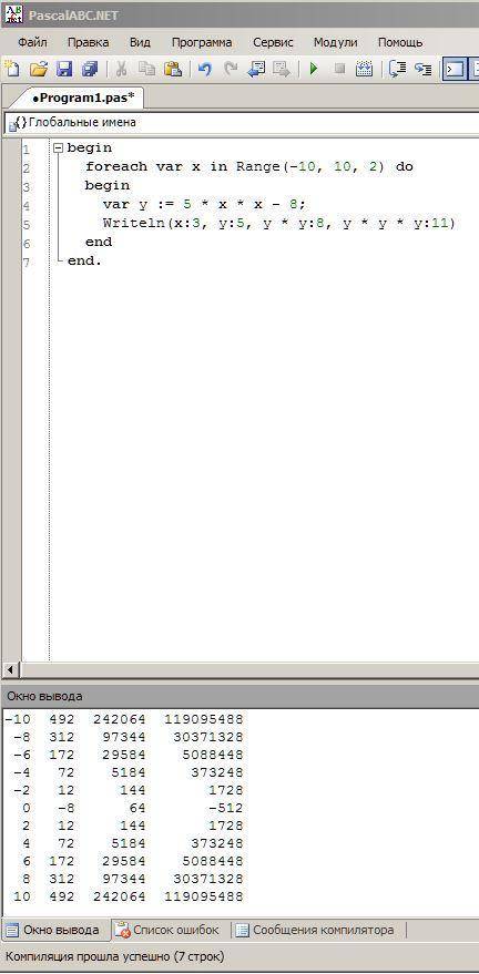 Дана функция y=5x^2-8 на отрезке [-10; 10] с шагом 2 вычислить y, y^2, y^3 надо решить в паскаль